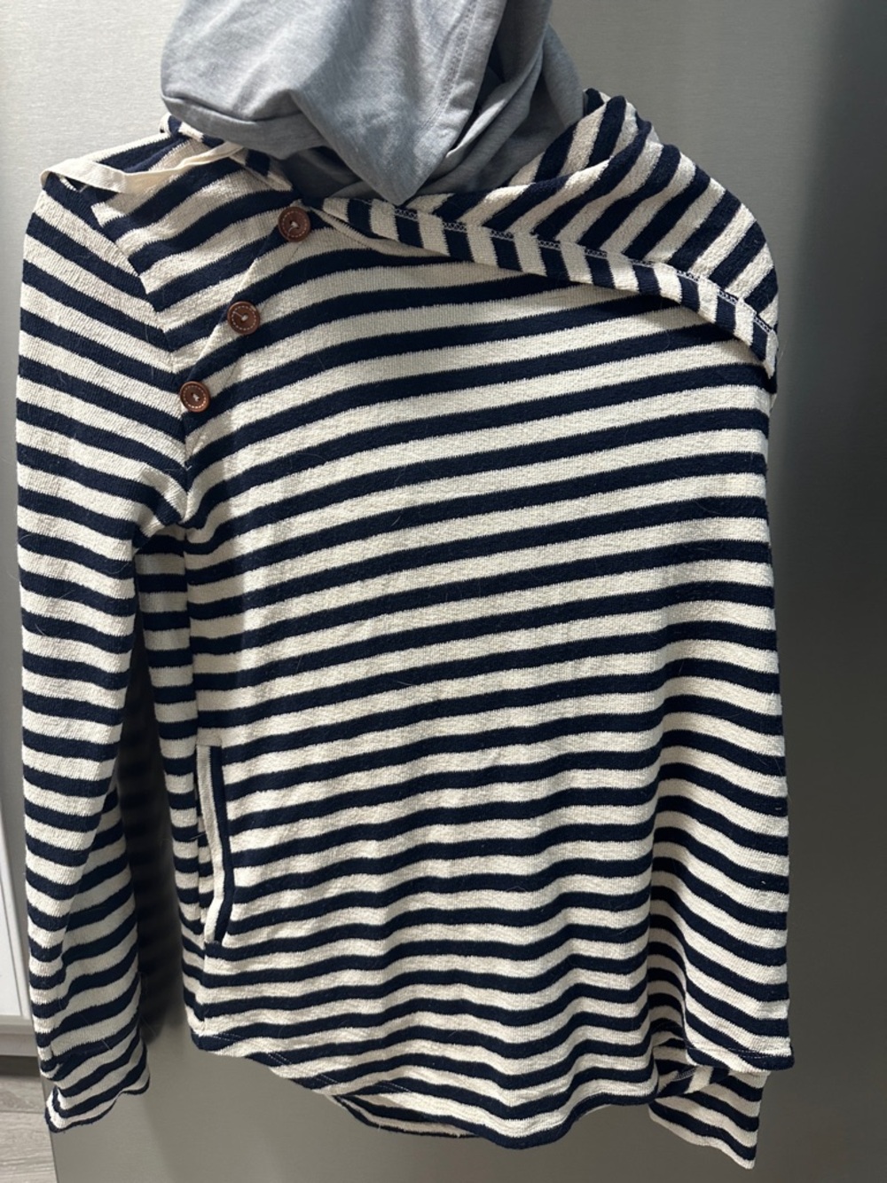 Striped Navy and Cream Button-Shoulder Women's Sweater